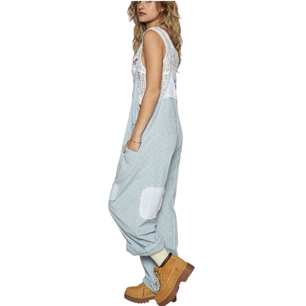 POL JUMPSUIT AND RIBBED PATCHWORK DETAILS WITH POCKETS IN POWDER BLUE SZ LARGE - Picture 6 of 8